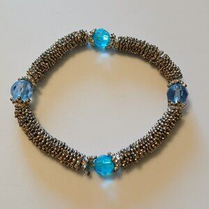 Women's Silver Tone Beaded Faux Blue Faceted Gem Stretch Bracelet